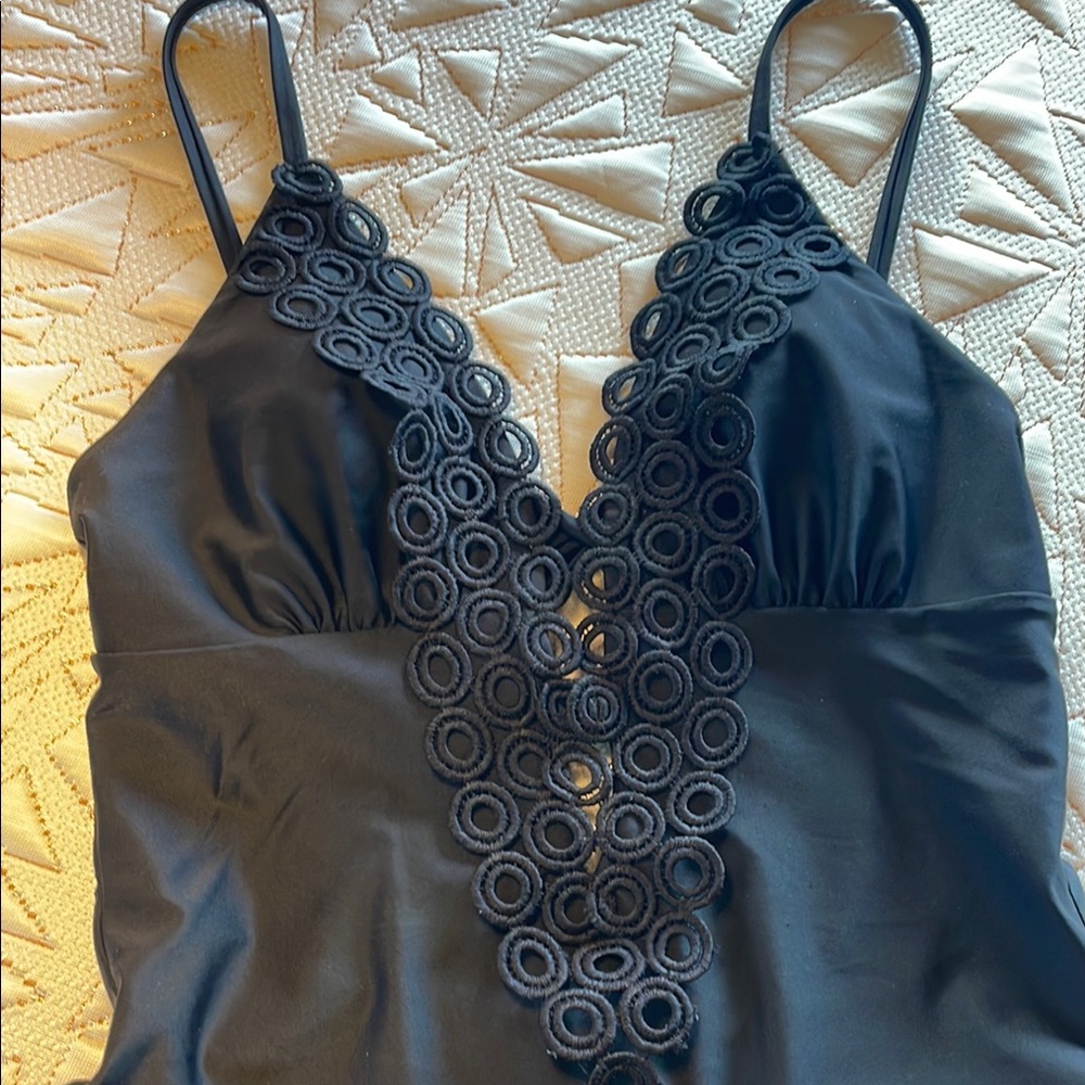 Women’s one piece, black swimsuit, front lace detail